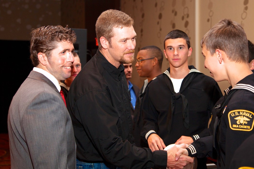 Lt. Jason Redman USN (ret) SEAL and Chief Petty Officer Chris Kyle USN(ret) SEAL great US Naval Sea Cadets in Baton Rouge, LA on November 9, 2013.
