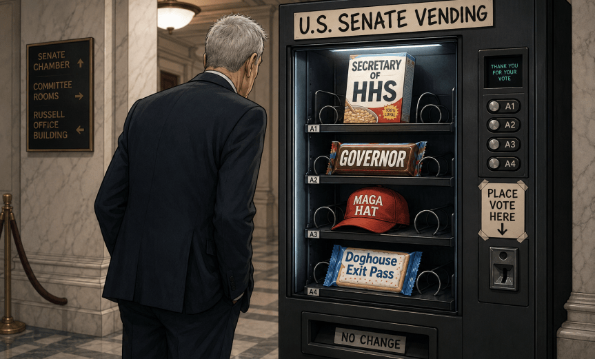 Senator Cassidy considering his choices at the MAGA Senate Vending Machine in exchange for voting with the party.