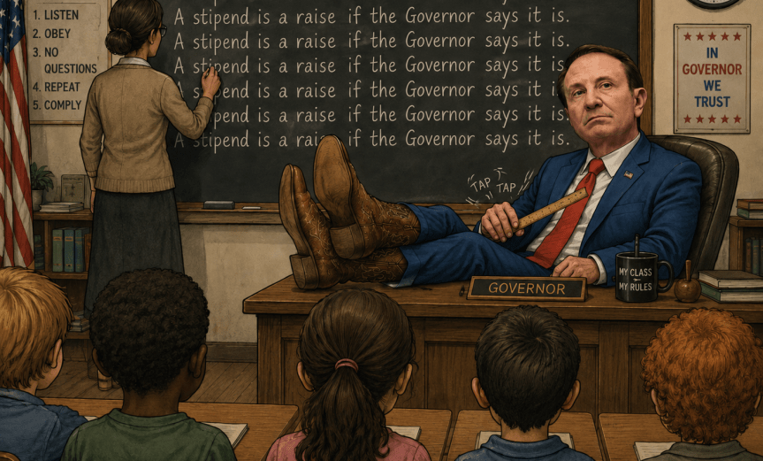 Governor Landry in the classroom making the teacher write lines.